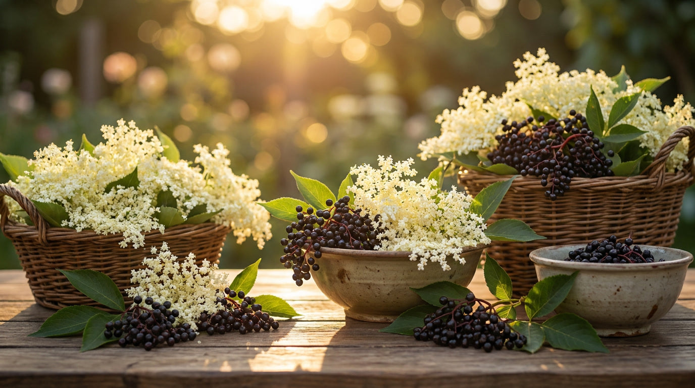 Holunderblüten und Holunderbeeren: Traditionelle Nutzung für Immunsystem und Atemwege – KI-generiertes Bild (Nano Banana Pro)