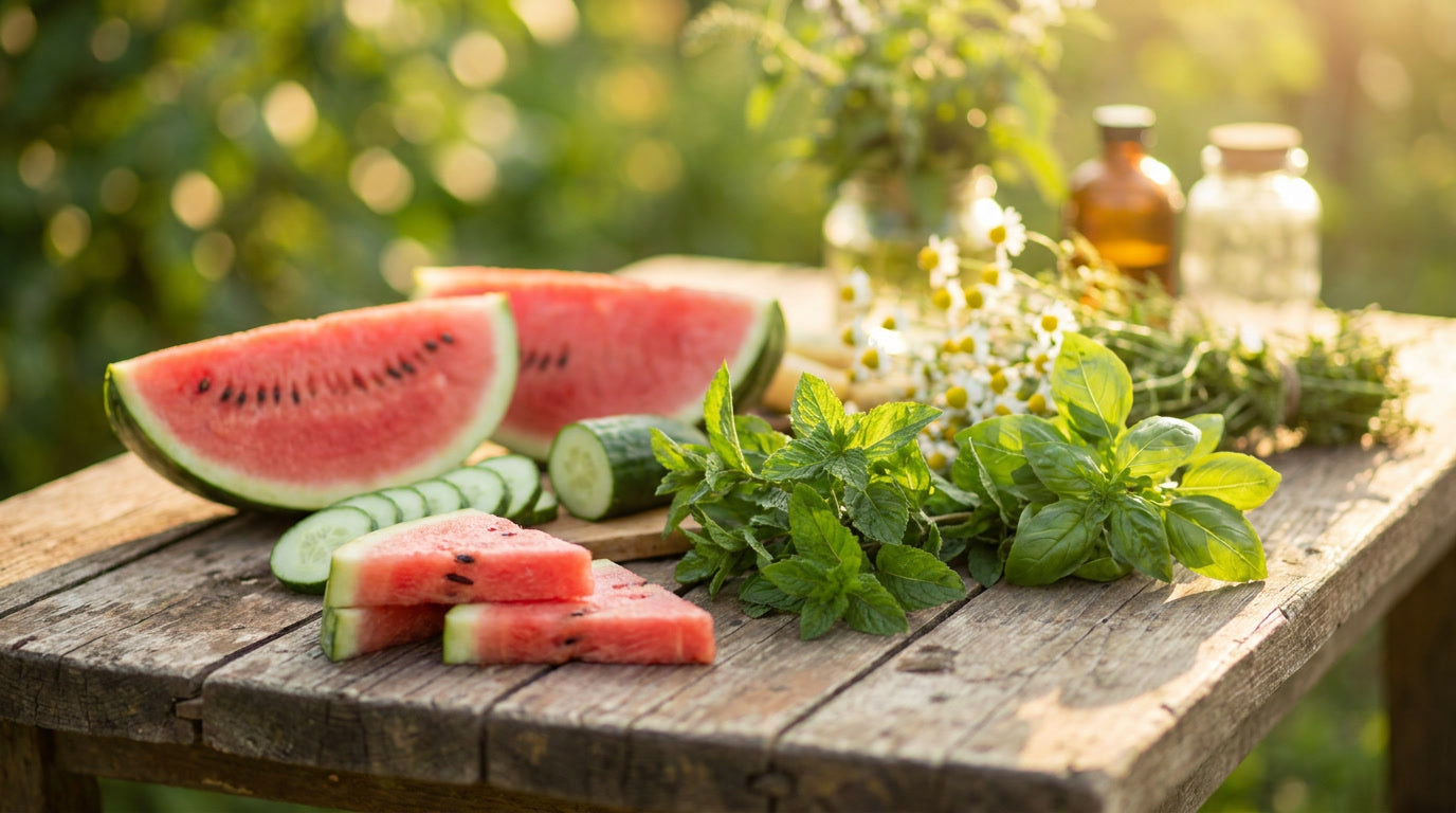 Gurke und Wassermelone: Entwässernde Sommerküche nach Hildegard-Prinzipien – KI-generiertes Bild (Nano Banana Pro)