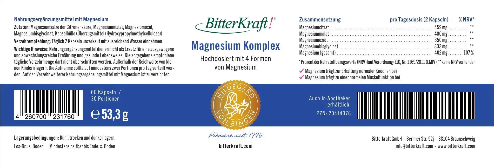 Bitterkraft Magnesium Komplex (60 Kapseln) Bitterkraft GmbH - Bitterkraft